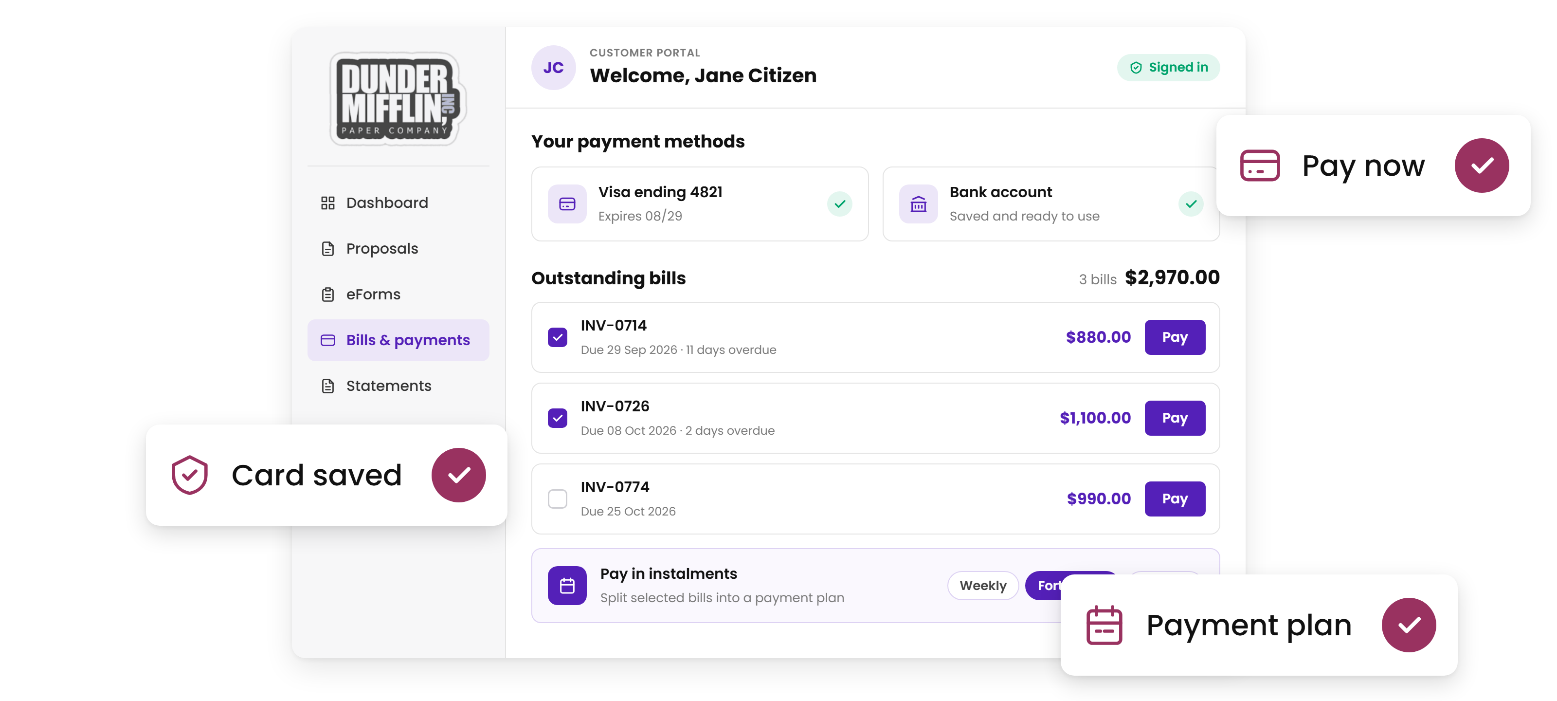 OnboardMe client portal with saved payment methods, outstanding bills and a payment plan option