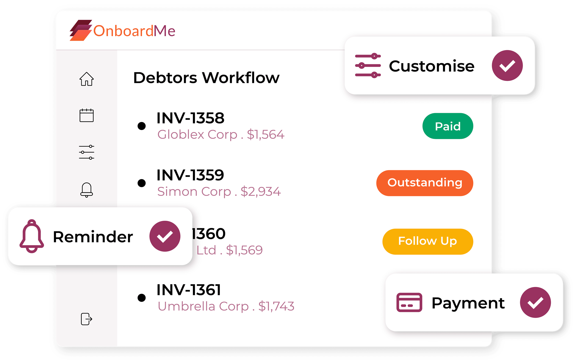 OnboardMe debtors queue with collection statuses and workflow steps